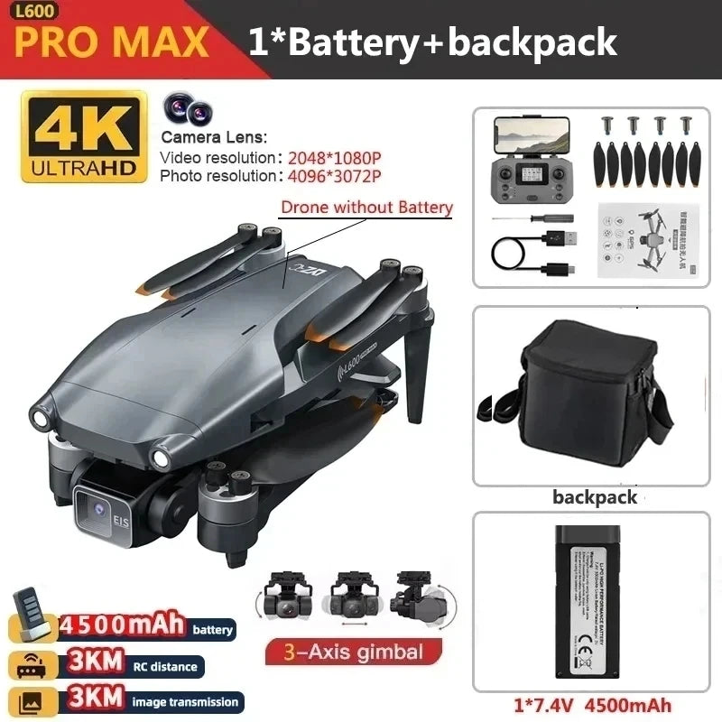 L600 PRO MAX GPS Drone 4K Professional 3-Axis PTZ HD Dual Camera 5G WIFI Obstacle Avoidance Brushless Motor RC Quadcopter Toys