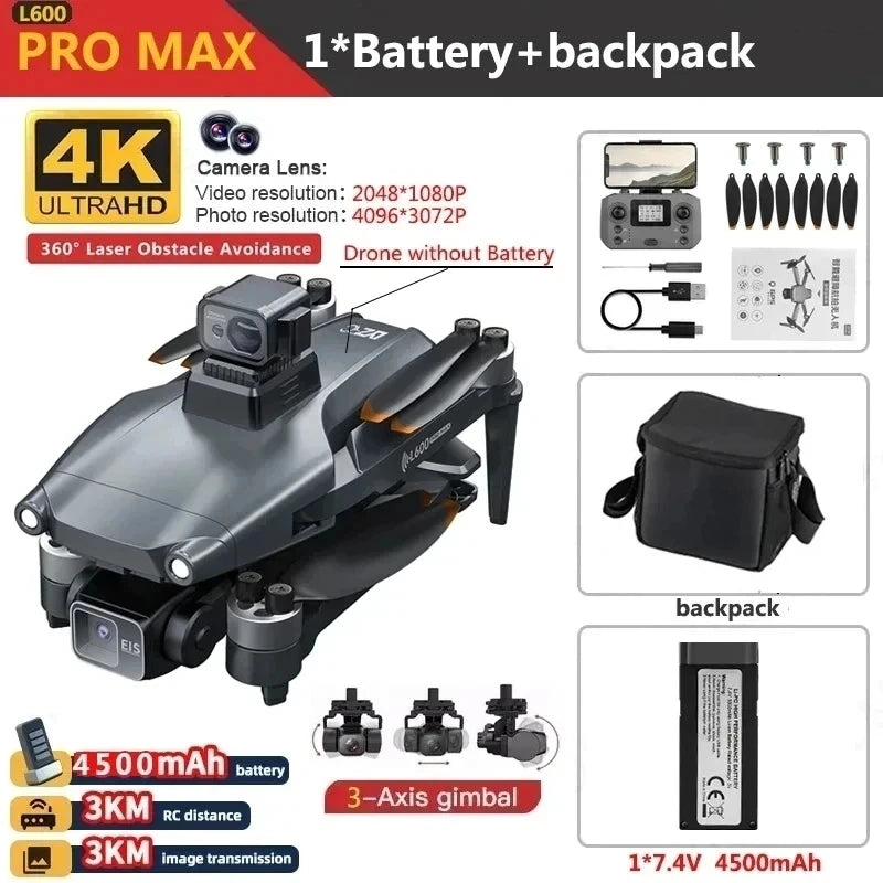 L600 PRO MAX GPS Drone 4K Professional 3-Axis PTZ HD Dual Camera 5G WIFI Obstacle Avoidance Brushless Motor RC Quadcopter Toys